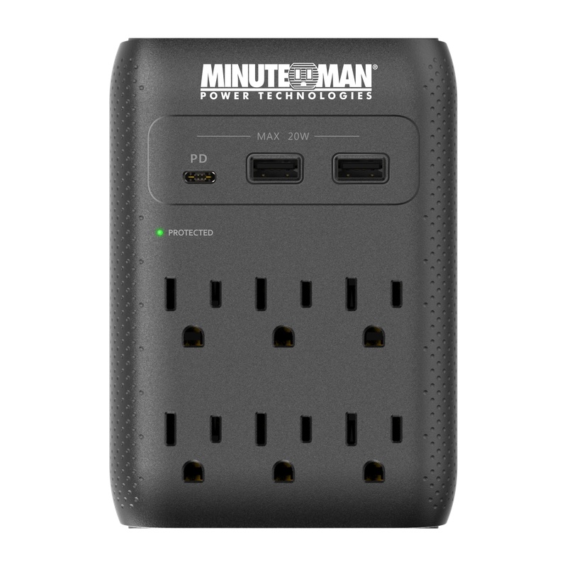 Minuteman MMS-WAL6U3 Surge Wall Tap, 2160J, USB Charger Wall Direct Surge Suppressor