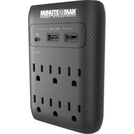 Minuteman MMS-WAL6U3 Surge Wall Tap, 2160J, USB Charger