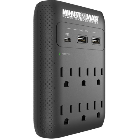 Minuteman MMS-WAL6U3 Surge Wall Tap, 2160J, USB Charger Wall Direct Surge Suppressor