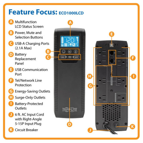 Tripp Lite ECO1000LCD Line-Interactive UPS with USB and 8 Outlets - 120V 1000VA 600W 50/60 Hz AVR ECO Series