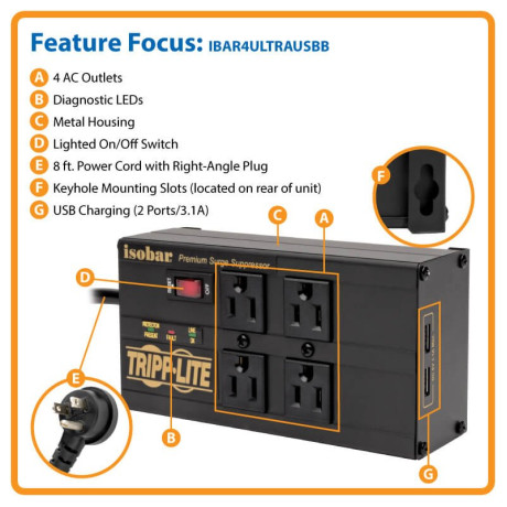 Tripp Lite IBAR4ULTRAUSBB Isobar 4-Outlet Surge Protector 8 ft. (2.43 m) Cord Right-Angle Plug 3330 Joules 2 USB Ports Metal Housing Isobar Series