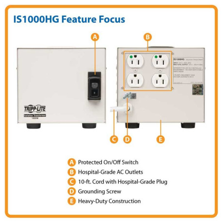 Tripp Lite IS1000HG Isolator Series 120V 1000W UL 60601-1 Medical-Grade Isolation Transformer with 4 Hospital-Grade Outlets TAA