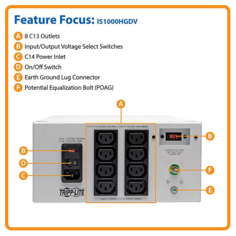 Tripp Lite IS1000HGDV Isolator Series Dual-Voltage 115/230V 1000W 60601-1 Medical-Grade Isolation Transformer C14 Inlet 8 C13 Outlets IS Series