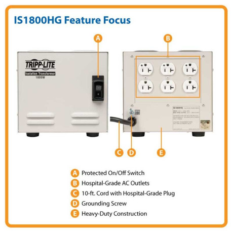 Tripp Lite IS1800HG Isolator Series 120V 1800W UL 60601-1 Medical-Grade Isolation Transformer with 6 Hospital-Grade Outlets TAA IS Series