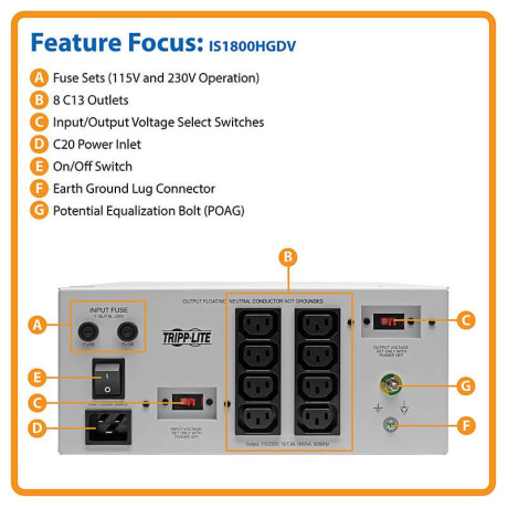 Tripp Lite IS1800HGDV Isolator Series Dual-Voltage 115/230V 1800W 60601-1 Medical-Grade Isolation Transformer C20 Inlet 8 C13 Outlets IS Series