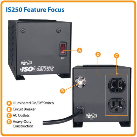 Tripp Lite IS250 Isolator Series 120V 250W Isolation Transformer-Based Power Conditioner 2 Outlets TAA