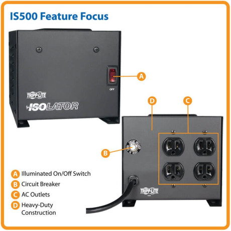 Tripp Lite IS500 Isolator Series 120V 500W Isolation Transformer-Based Power Conditioner 4 Outlets TAA IS Series