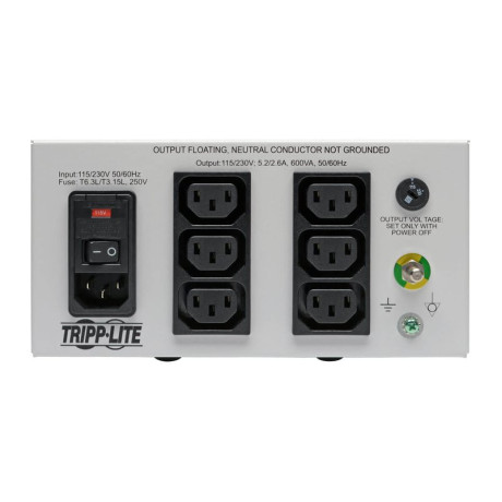 Tripp Lite IS600HGDV Isolator Series Dual-Voltage 115/230V 600W 60601-1 Medical-Grade Isolation Transformer C14 Inlet 6 C13 Outlets Isobar Series