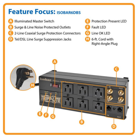 Tripp Lite ISOBAR6DBS Isobar 6-Outlet Surge Protector 6 ft. Cord with Right-Angle Plug 3330 Joules Diagnostic LEDs Tel/Coax/Modem Metal Isobar Series