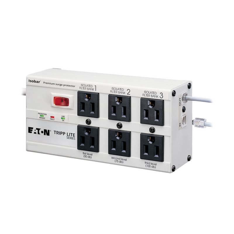 Tripp Lite ISOTEL6ULTRA Isobar 6-Outlet Surge Protector 6 ft. Cord with Right-Angle Plug 3300 Joules Diagnostic LEDs Tel/Fax/Modem Metal Isotel Series