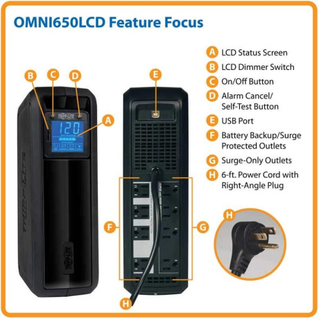 Tripp Lite OMNI650LCD OmniSmart LCD 120V 650VA 350W Line-Interactive UPS Tower LCD display USB port OmniSmart Series