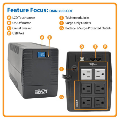 Tripp Lite OMNI700LCDT 700VA 350W Line-Interactive UPS with 6 Outlets - AVR 120V 50/60 Hz LCD USB Tower