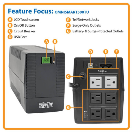 Tripp Lite OMNISMART500TU 500VA 360W Line-Interactive UPS with 6 Outlets - AVR 120V 50/60 Hz LCD USB Tower OmniSmart Series