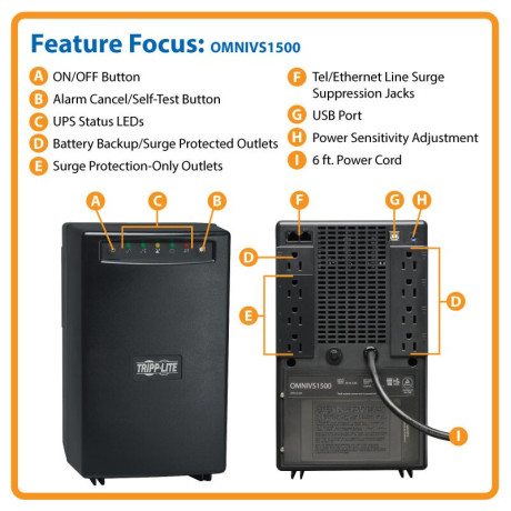 Tripp Lite OMNIVS1500 OmniVS 120V 1500VA 940W Line-Interactive UPS Tower USB port OmniVS Series