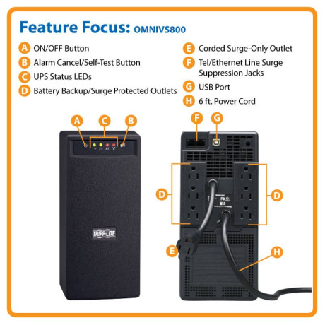 Tripp Lite OMNIVS800 OmniVS 120V 800VA 475W Line-Interactive UPS Tower USB port OmniVS Series