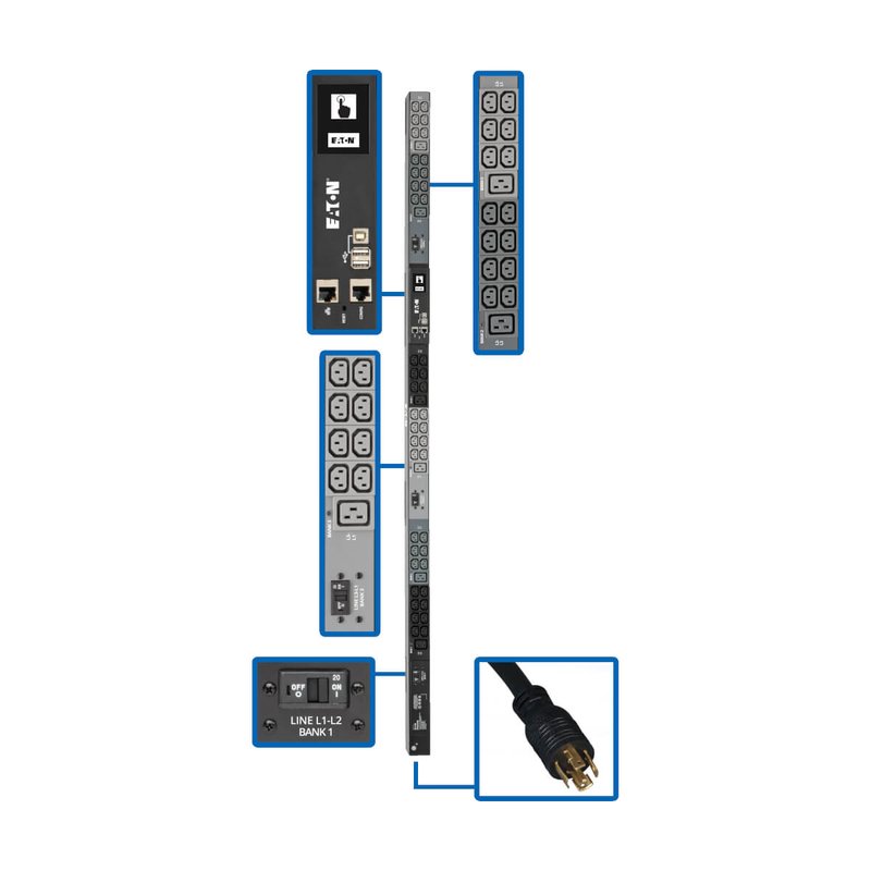 Tripp Lite PDU3EVN10L2130B Eaton 10kW 200-240V 3PH Monitored PDU - LX Interface Gigabit 48 Outlets NEMA L21-30P LCD 3 m Cord 0U 1.8 m Height TAA PDU Series