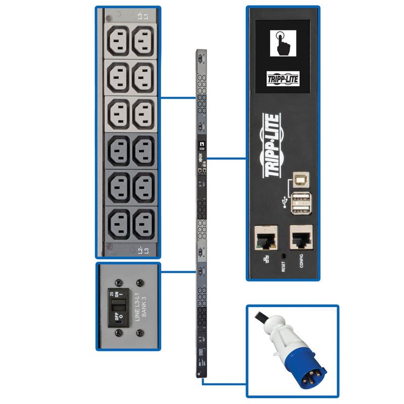 Tripp Lite PDU3EVN6G60C 18.7kW 200-240V 3PH Monitored PDU - LX Interface Gigabit 36 C13 Outlets IEC 309 60A Blue Input LCD 1.8 m Cord 0U 1.8 m Height TAA PDU Series