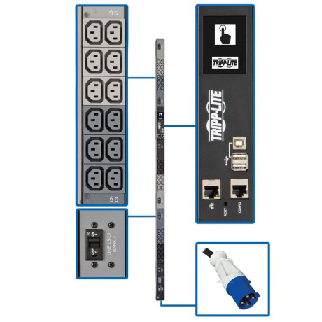 Tripp Lite PDU3EVN6G60C 18.7kW 200-240V 3PH Monitored PDU - LX Interface Gigabit 36 C13 Outlets IEC 309 60A Blue Input LCD 1.8 m Cord 0U 1.8 m Height TAA PDU Series