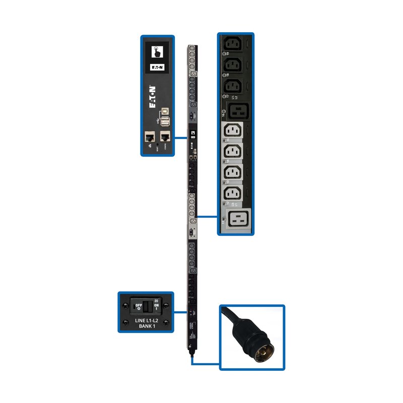 Tripp Lite PDU3EVS6L2130 Eaton 10kW 200-240V 3PH Switched PDU LX Interface Gigabit 30 Outlets L21-30P Input LCD 1.8 m Cord 0U 1.8 m Height TAA