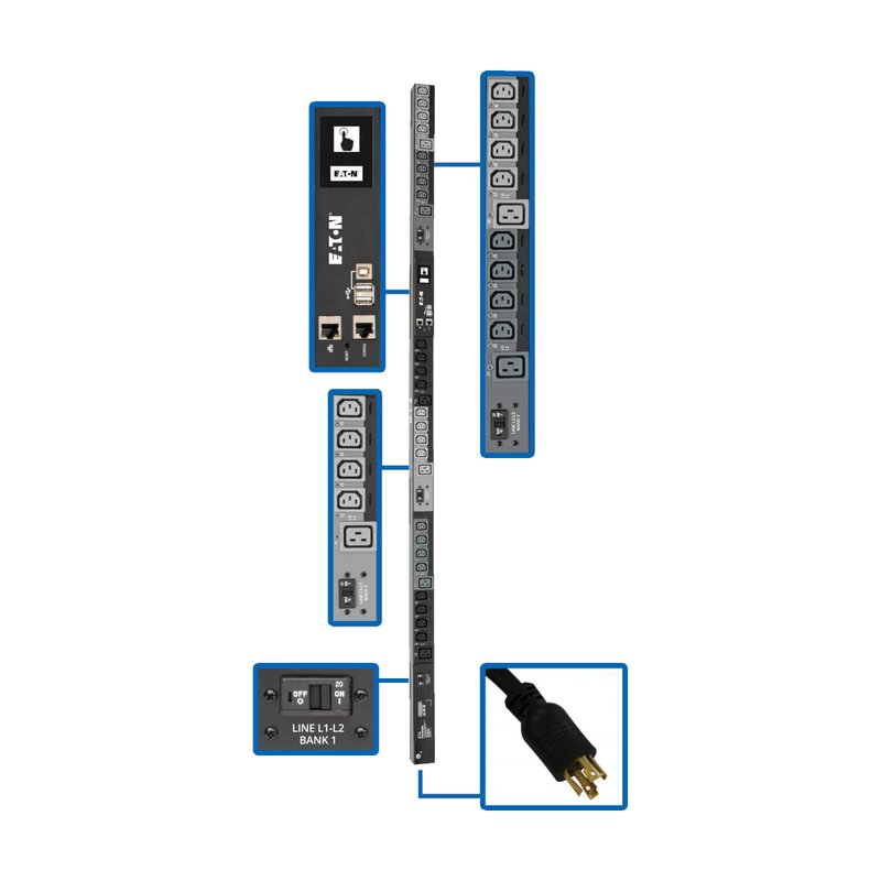 Tripp Lite PDU3EVSR10L2130 Eaton 10kW 200-240V 3PH Switched PDU - LX Interface Gigabit 30 Outlets L21-30P Input LCD 3 m Cord 0U 1.8 m Height TAA