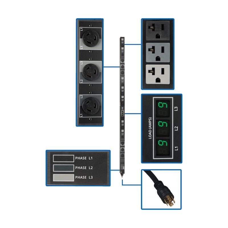 Tripp Lite PDU3MV6L2120B 5.7kW 3-Phase Local Metered PDU 208/120V Outlets (21 5-15/20R 6 L6-20R) L21-20P 6 ft. (1.83 m) Cord 0U Vertical TAA PDU Series
