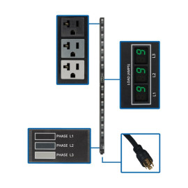 Tripp Lite PDU3MV6L2120LV 5.7kW 3-Phase Local Metered PDU 120V Outlets (42 5-15/20R) 208V L21-20P input 6 ft. (1.83 m) Cord 0U Vertical TAA