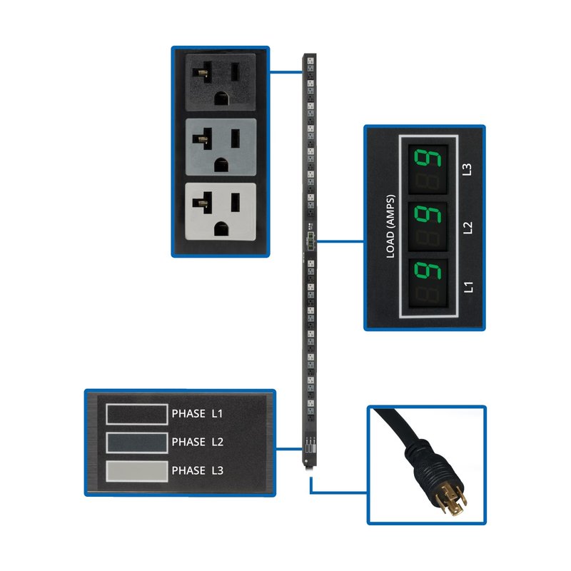 Tripp Lite PDU3MV6L2120LV 5.7kW 3-Phase Local Metered PDU 120V Outlets (42 5-15/20R) 208V L21-20P input 6 ft. (1.83 m) Cord 0U Vertical TAA PDU Series