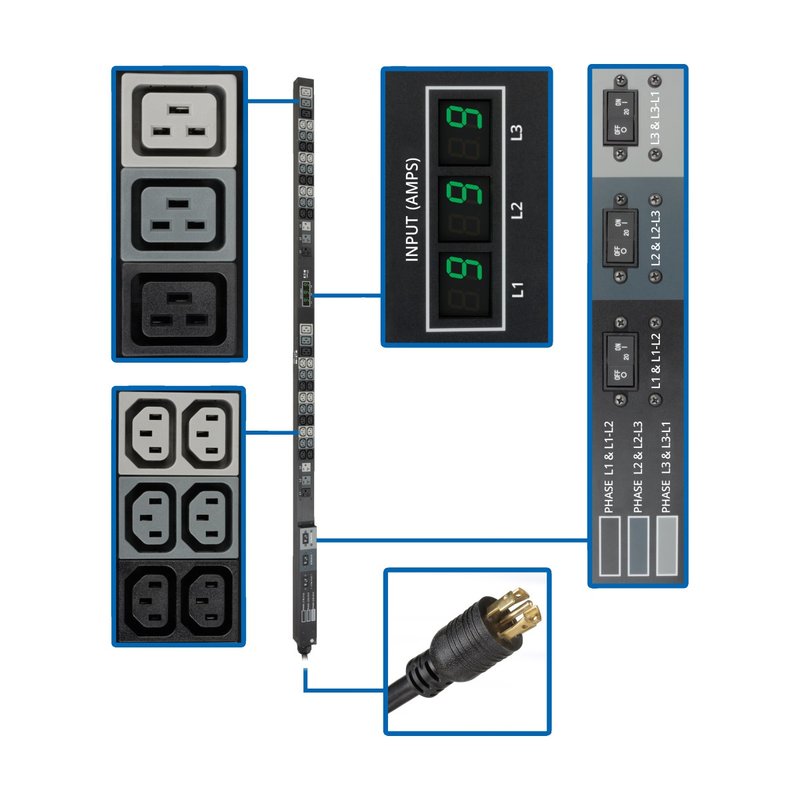 Tripp Lite PDU3MV6L2130 8.6kW 3-Phase Local Metered PDU 208/120V Outlets (36 C13 6 C19 6 5-15/20R) 208V L21-30P 6 ft. (1.83 m) Cord 0U Vertical TAA PDU Series