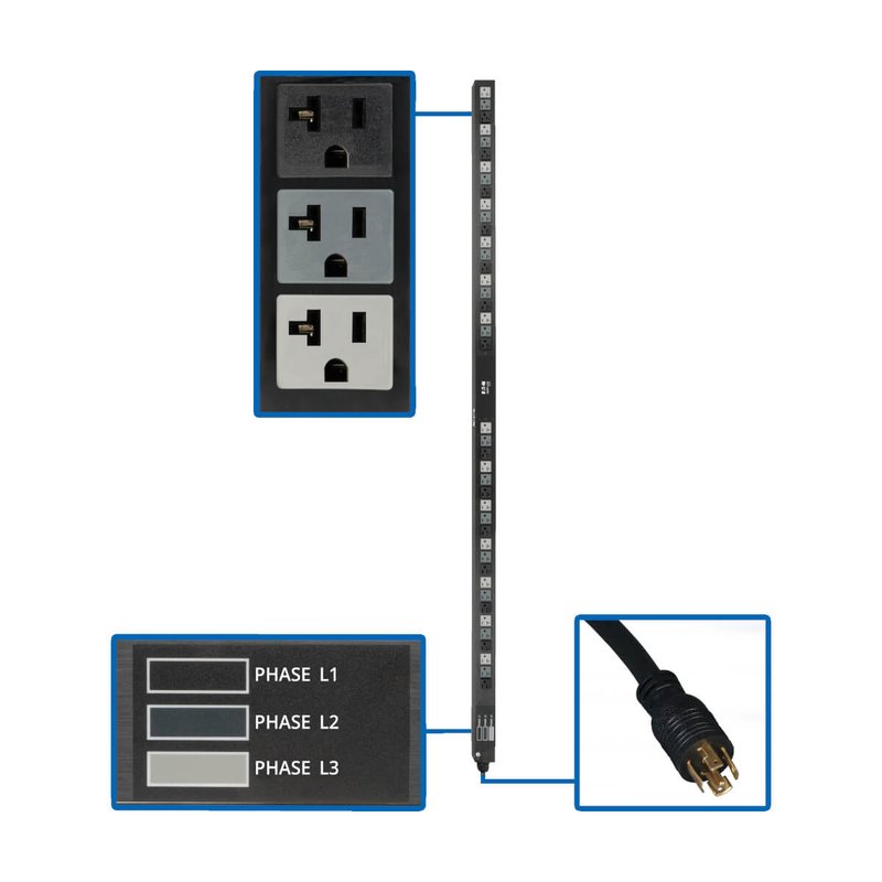 Tripp Lite PDU3V6L2120LV 5.7kW 3-Phase Basic PDU - 42 NEMA 5-15/20R 120V Outlets 208V L21-20P Input 6 ft. Cord 70 in. 0U Rack