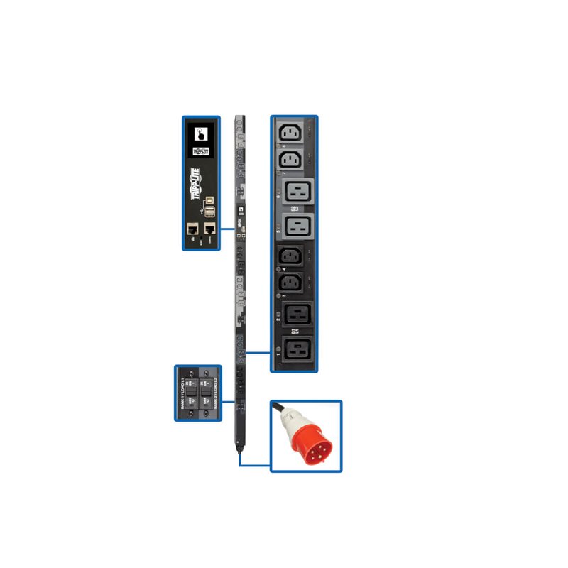 Tripp Lite PDU3XEVSR6G32A 23kW 220-240V 3PH Switched PDU - LX Interface Gigabit 24 Outlets IEC 309 32A Red 380-415V Input Outlet Monitoring LCD 1.8 m Cord 0U 1.8 m Height TAA PDU Series