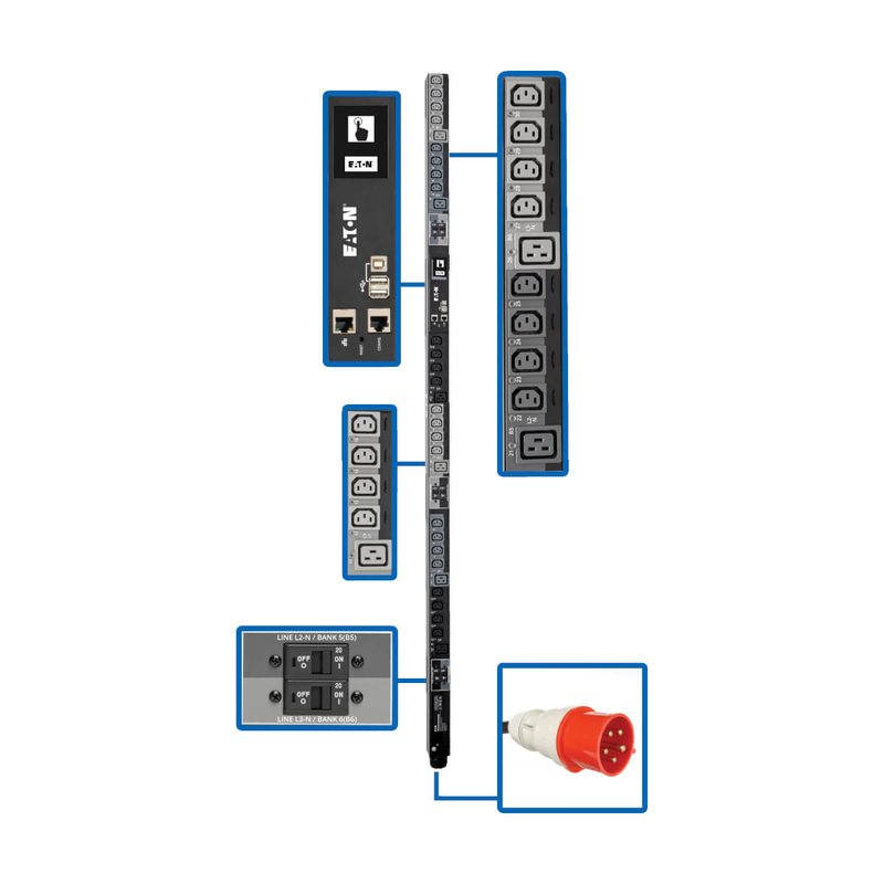 Tripp Lite PDU3XEVSR6G32B Eaton 23kW 220-240V 3PH Switched PDU - LX Interface Gigabit 30 Outlets IEC 309 32A Red 380-415V Input LCD 1.8 m Cord 0U 1.8 m Height TAA