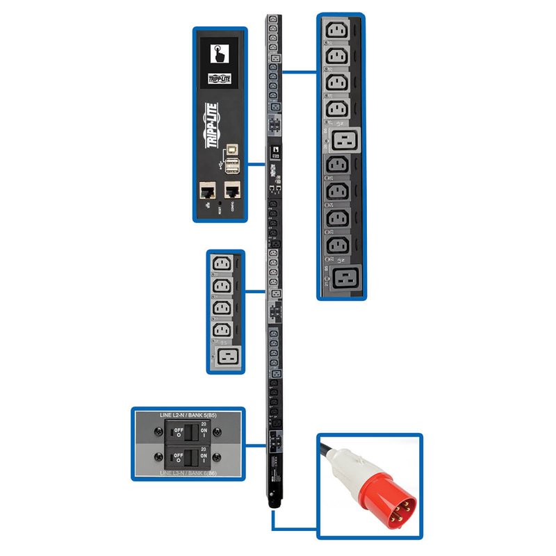 Tripp Lite PDU3XEVSR6G63B 28.8kW 220-240V 3PH Switched PDU - LX Interface Gigabit 30 Outlets IEC 309 63A Red 380-415V Input LCD 1.8 m Cord 0U 1.8 m Height TAA