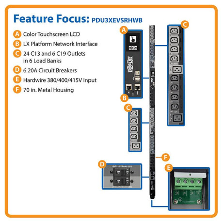Tripp Lite PDU3XEVSRHWB 28.8kW 220-240V 3PH Switched PDU - LX Interface Gigabit 30 Outlets Hardwire 380-415V Input LCD 1.8 m Cord 0U 1.8 m Height TAA PDU Series