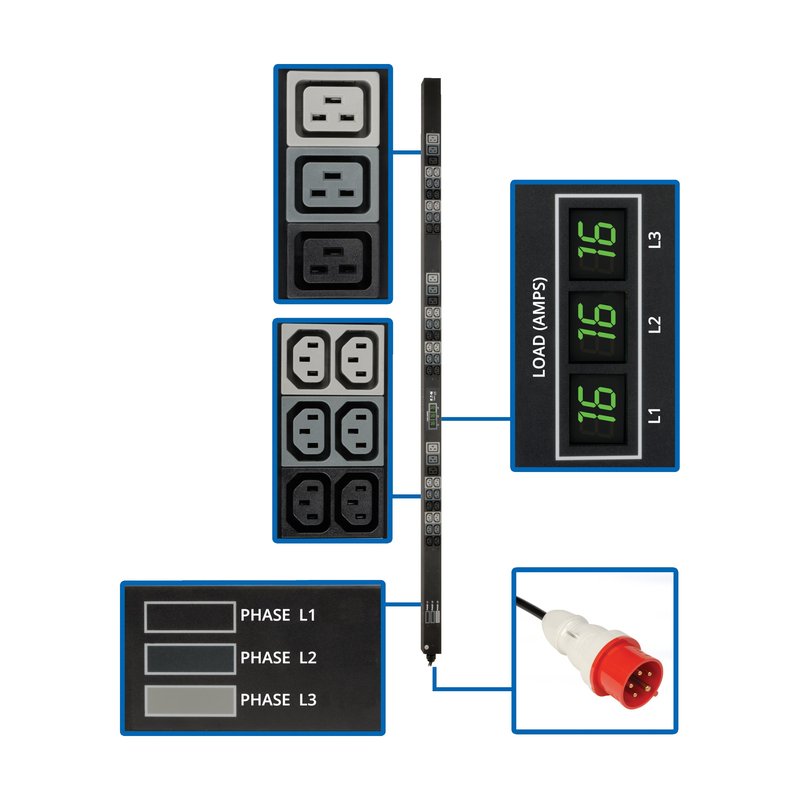 Tripp Lite PDU3XMV6G20 11.5kW 3-Phase Local Metered PDU 208-240V (36 C13 & 9 C19) IEC-309 16/20A Red 360-415V Input 6 ft. (1.83 m) Cord 0U Vertical TAA PDU Series