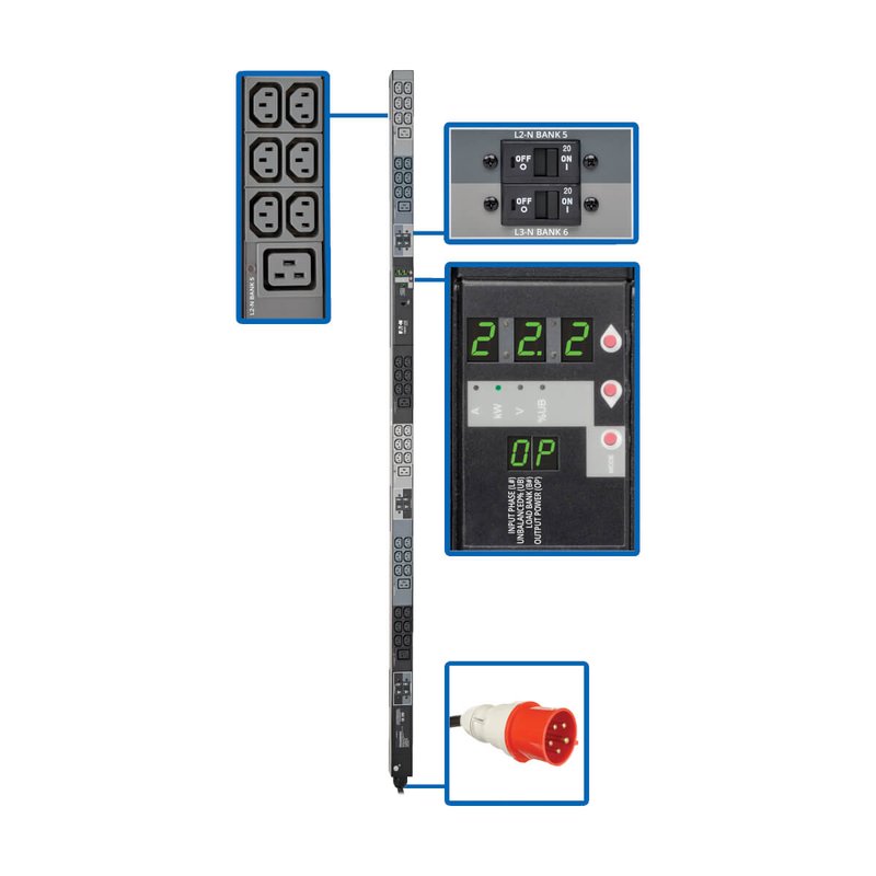 Tripp Lite PDU3XMV6G32 3-Phase Local Metered PDU 23kW 42 208-240V outlets (36 C13 6 C19) IEC309 32A Red (3P+N+E) 360-415V Input 0u vertical TAA