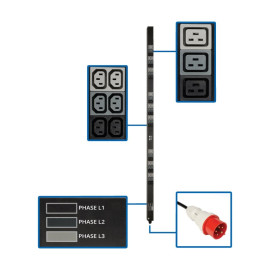 Tripp Lite PDU3XV6G20 11.5kW 3-Phase Basic PDU - 45 208-240V Outlets (36 C13 9 C19) IEC 309 16/20A Red 360-415V Input 6 ft. Cord 70 in. 0U