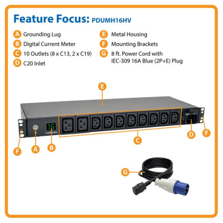 Tripp Lite PDUMH16HV 3.7kW Single-Phase Local Metered PDU 208/230V Outlets (8 C13 2 C19) IEC-309 16A Blue 8 ft. (2.43 m) Cord 1U Rack-Mount TAA PDU Series