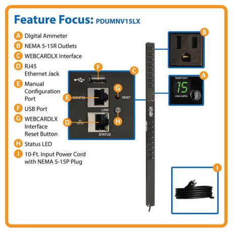 Tripp Lite PDUMNV15LX Eaton 1.4kW Single-Phase Monitored PDU with LX Platform Interface 120V Outlets (16 5-15R) 10 ft. (3.05 m) Cord with 5-15P Plug 0U TAA