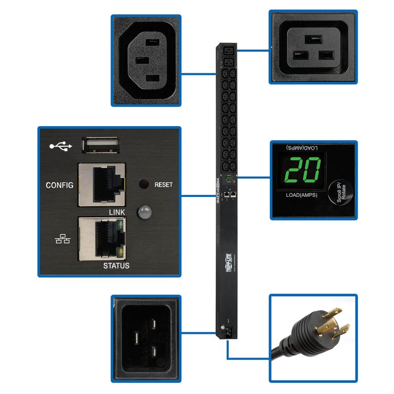 Tripp Lite PDUMNV20HV2LX Eaton 3.7kW Single-Phase 208/230V Monitored PDU - LX Platform 18 C13 2 C19 Outlets C20 / L6-20P Inputs 0U 900mm Height TAA PDU Series