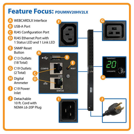 Tripp Lite PDUMNV20HV2LX Eaton 3.7kW Single-Phase 208/230V Monitored PDU - LX Platform 18 C13 2 C19 Outlets C20 / L6-20P Inputs 0U 900mm Height TAA PDU Series