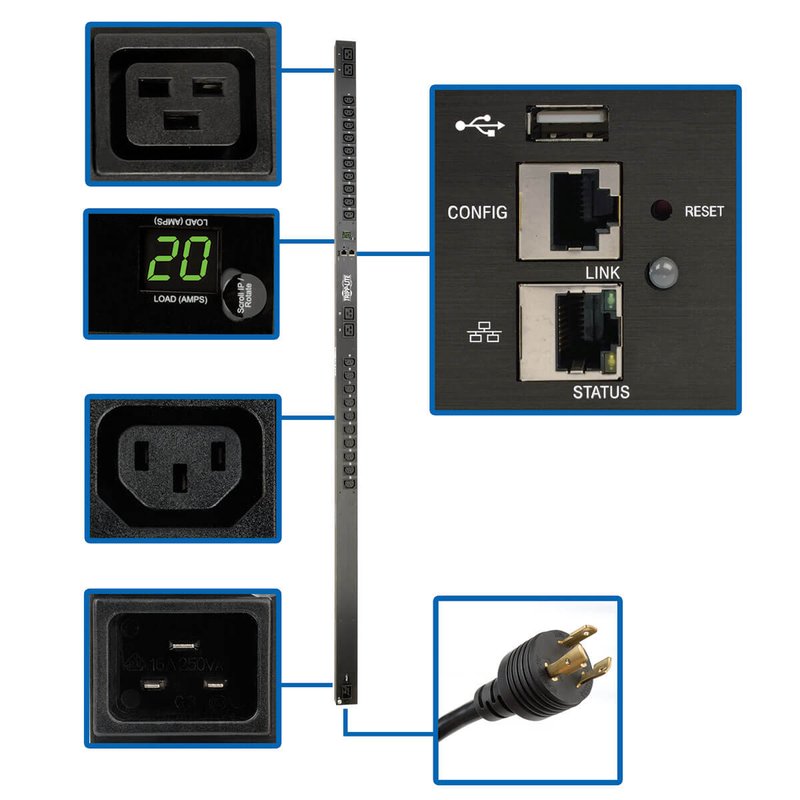 Tripp Lite PDUMNV20HVLX Eaton 3.7kW Single-Phase 208/230V Monitored PDU - LX Platform 20 C13 4 C19 Outlets C20 Input with L6-20P Adapter 0U 1778mm Height TAA