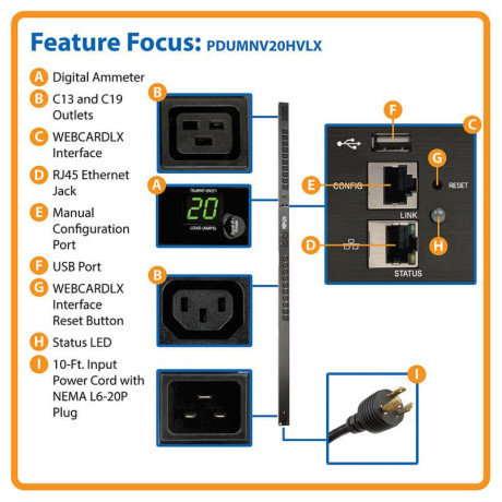 Tripp Lite PDUMNV20HVLX Eaton 3.7kW Single-Phase 208/230V Monitored PDU - LX Platform 20 C13 4 C19 Outlets C20 Input with L6-20P Adapter 0U 1778mm Height TAA
