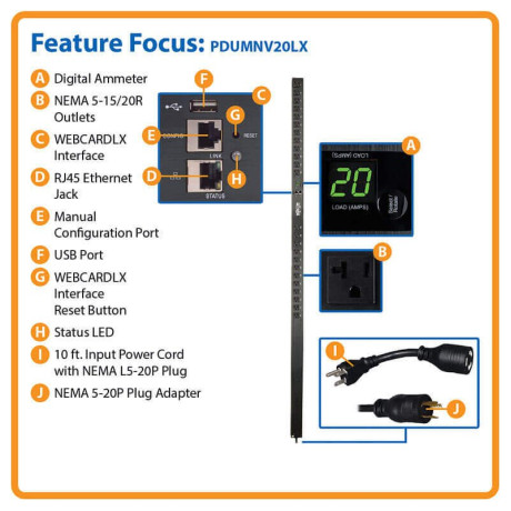 Tripp Lite PDUMNV20LX Eaton 1.9kW Single-Phase Monitored PDU with LX Platform Interface 120V Outlets (24 5-15/20R) 0U Vertical 70 in. TAA PDU Series
