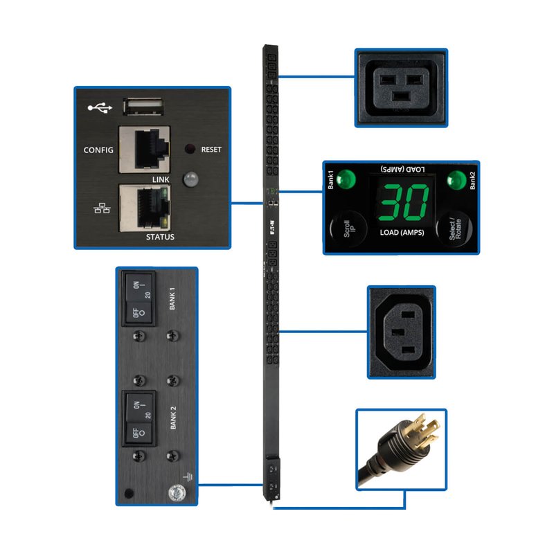 Tripp Lite PDUMNV30HV2LX Eaton 5.5kW Single-Phase Monitored PDU LX Interface 208/230V Outlets (36 C13/6 C19) L6-30P 10 ft. (3.05 m) Cord 0U 1.8m/70 in. Height TAA PDU Series