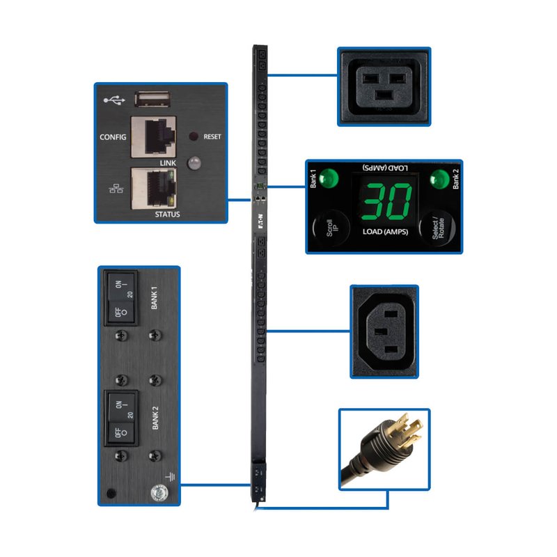 Tripp Lite PDUMNV30HVLX Eaton 5.5kW Single-Phase Monitored PDU with LX Platform Interface 208/230V Outlets (20 C13 & 4 C19) L6-30P 0U TAA PDU Series