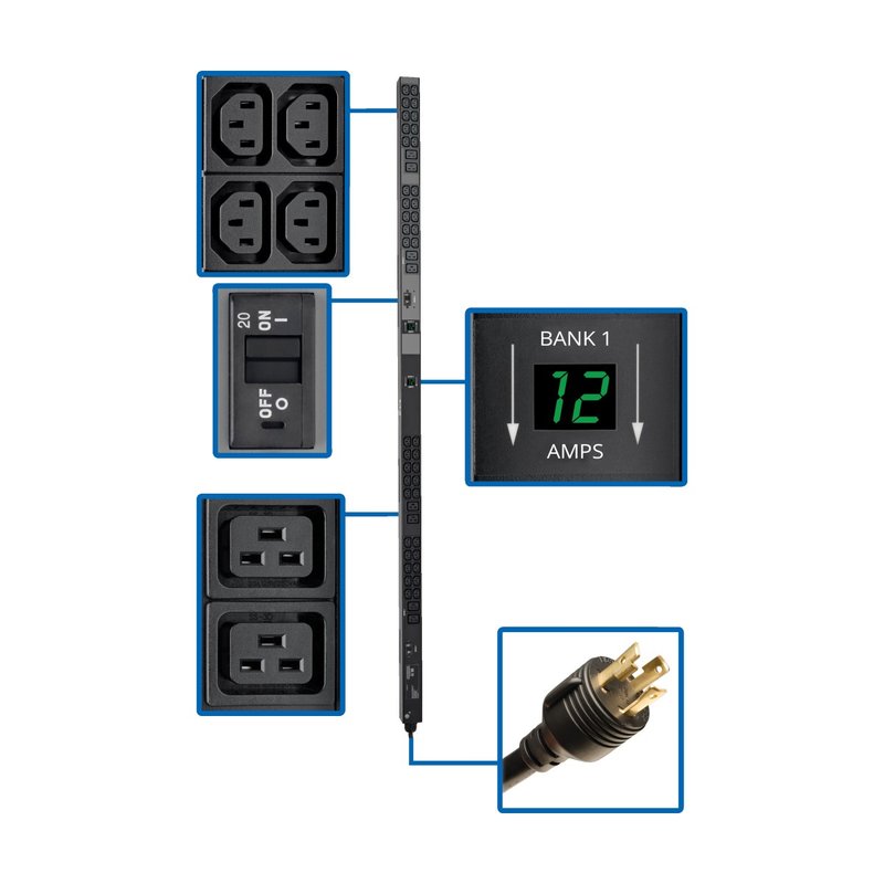 Tripp Lite PDUMV30HV2 5.8kW Single-Phase Local Metered PDU 200-240V Outlets (8 C19 and 40 C13) L6-30P 10 ft. (3.05 m) Cord 0U Vertical TAA 70 in.