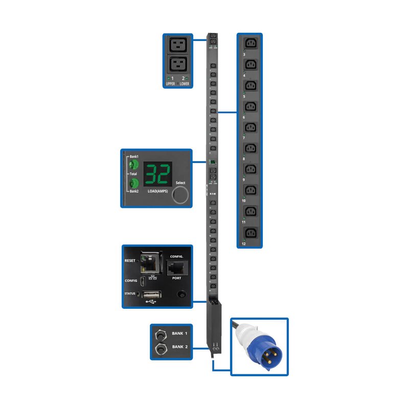 Tripp Lite PDUMV32HVNETLX Eaton 7.7kW Single-Phase Switched PDU with LX Platform Interface 230V Output IEC 309 32A Blue 10 ft. (3.05 m) Cord 0U TAA
