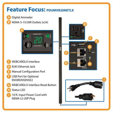 Tripp Lite PDUMVR20NETLX Eaton 1.9kW Single-Phase Switched PDU LX Platform Outlet Monitoring 120V Outlets (24 NEMA 5-15/20R) L5-20P Plug 0U TAA PDU Series