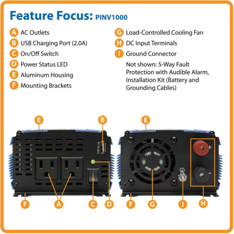 Tripp Lite PINV1000 1000W Light-Duty Compact Power Inverter with 2 AC/1 USB - 2.0A/Battery Cables Mobile