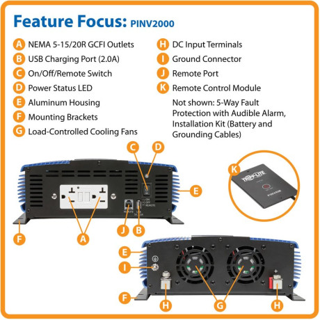 Tripp Lite PINV2000 2000W Medium-Duty Compact Mobile Power Inverter with 2 AC/1 USB - 2.0A/Battery Cables